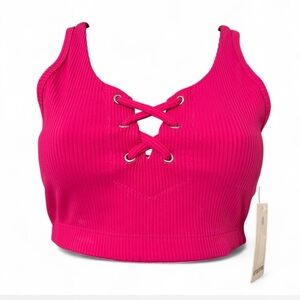 Year of Ours Rib Lace Up Sports Bra Hot Pink Size M NWT